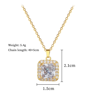 Detail view of gold titanium necklace showing square pendant dimensions and weight 5.4g