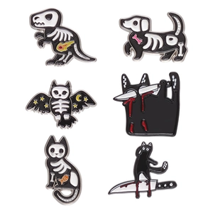 Set of 6 cartoon skeletal animal enamel pins featuring a cat, dinosaur, and dark themes