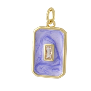 Close-up of 18K gold plated rectangular pendant with purple enamel and zircon inlay