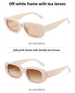 Detail view of retro rectangle sunglasses in cream white and translucent jelly pink frames