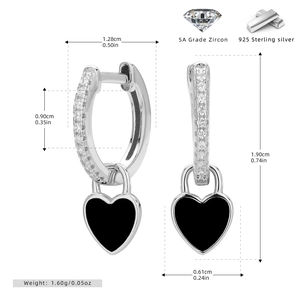 Detailed dimensions of 925 silver heart padlock hoop earrings with 5A zircon