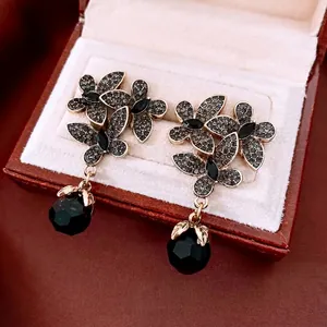 Vintage Flower Pendant Drop Earrings Alloy Glass Bead Rhinestone Inlay With 925 Sterling Silver Earring Post For Women