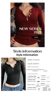 Detail showing material specs and button V-neck design for women's long sleeve henley shirt