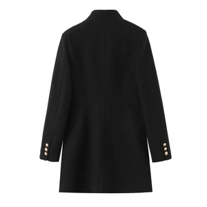 Back view of a black wool blend cropped coat with elegant gold cuff buttons