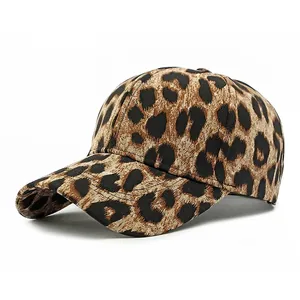 Women's leopard print baseball cap with a curved brim for sun protection on white background