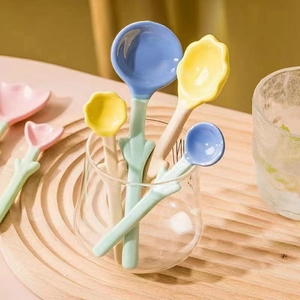 Pastel tulip floral ceramic dessert spoons with green leaf handles set of six