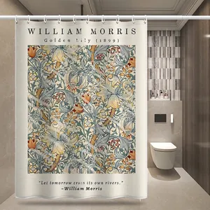 Waterproof Van Gogh style fabric shower curtain with vintage floral Golden Lily art print