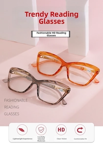 Lesebrille im Cat-Eye-Stil mit Diamantschliff und goldenen Bügeldetails auf rosa Dekor