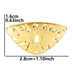 Macro detail of gold stainless steel eye pendant with size specs and hollow design
