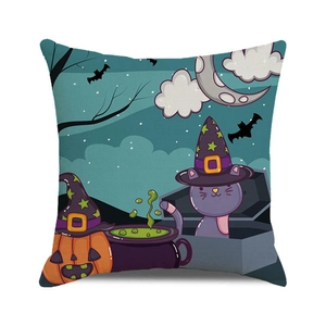 Halloween decorative square pillow cover with cute black cat, pumpkin, and wizard motifs