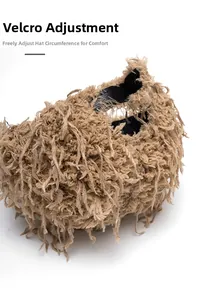 Detail of adjustable velcro strap on a fuzzy khaki baseball cap for custom fit