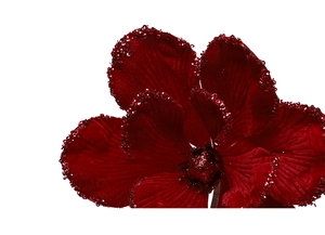 Macro view of 25cm burgundy velvet Christmas flower with glitter edges and sharp details
