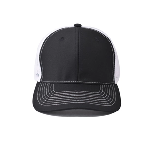 Black and white trucker hat with mesh back and curved brim in a front-view studio shot