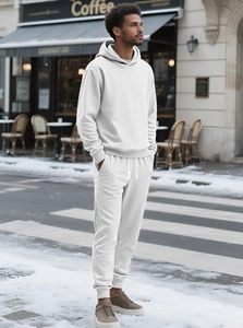 Detail of white knitted tracksuit with 3D rhombus texture and ribbed cuffs on street