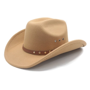 Detail of khaki western cowboy hat featuring brown leather band and gold metal studs