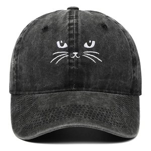 Retro washed denim baseball cap in black with a cute white cat face embroidery