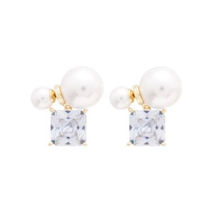 18k gold plated pearl earrings with square zircon crystals on a clean white background