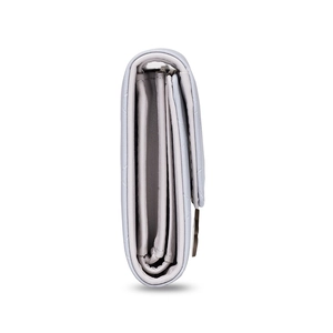 Side view of grey quilted PU leather long wallet showing multi-compartment interior