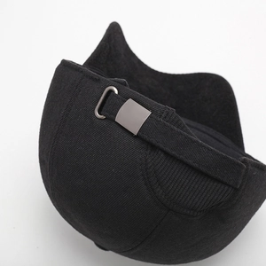 Rear view of black winter baseball cap showing adjustable metal buckle and strap