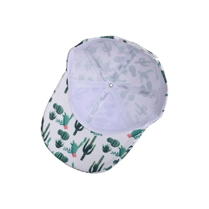 Detailed interior view of a white baseball cap featuring a green cactus print pattern