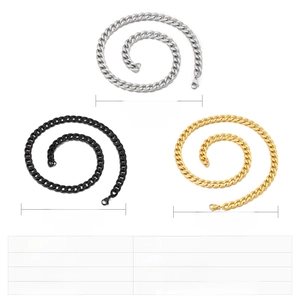Detailed chart showing 10mm stainless steel Cuban link chains in silver, gold, and black