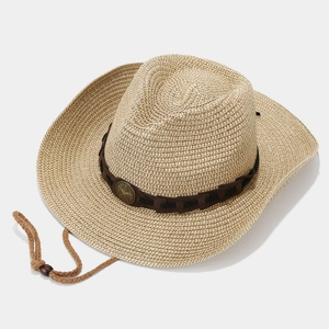 Western straw cowboy hat with vintage star emblem and adjustable chin strap