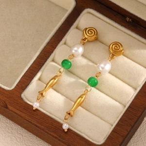 French vintage stainless steel fish and pearl drop earrings with 18k gold plating