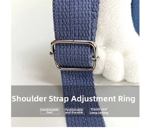 Detail of blue canvas bag shoulder strap with silver adjustable metal buckle and stitching