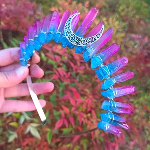 Blue and purple gradient natural crystal wicca crown with silver moon on headband
