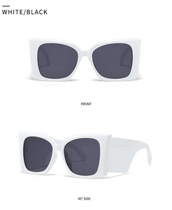 Front and 45-degree side view of modern retro white sunglasses with black lenses
