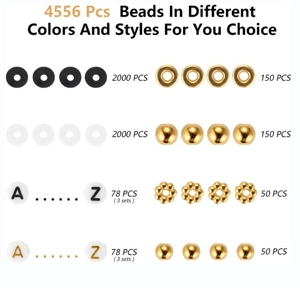 Detailed 4556-piece DIY jewelry set with polymer clay beads and golden spacers