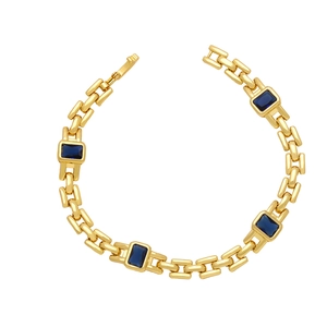 Chic bracelet chaîne dorée hip-hop avec quatre zircons rectangulaires bleu foncé