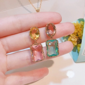 Boucles d'Oreilles Pendantes Baroque Vintage en Cuivre Strass Multicolore Style Italien Géométrique Femme Tige en Argent