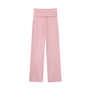 Pink high-waisted wide-leg modal lounge pants with delicate lace trim detailing
