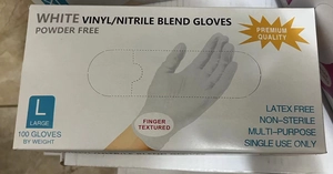 Powder-free white vinyl nitrile blend disposable gloves in a box of 100 counts