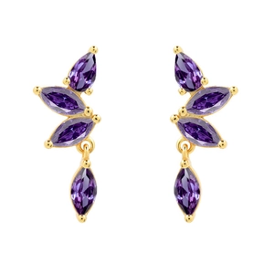 Detail of gold earrings with marquise purple stones in a delicate leaf-shaped design