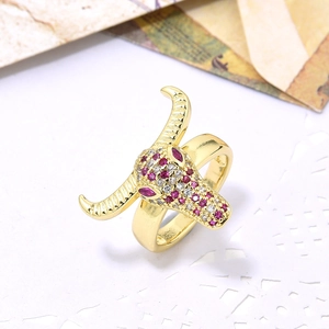Hip hop style gold bull head ring with micro-set clear and magenta zircons
