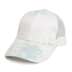 Detail of tie-dye baseball cap featuring white mesh back and pastel marble texture