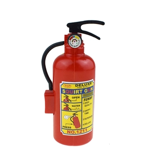 Close-up of mini fire extinguisher water gun toy with squirt nozzle and nozzle handle