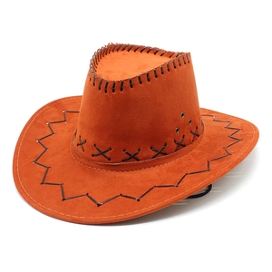 Detail of a brown suede cowboy hat featuring black contrast stitching and ventilation eyelets