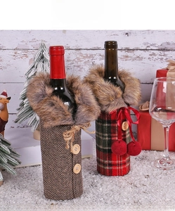 Christmas wine bottle covers in brown tweed and red plaid with faux fur collars