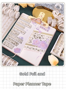 Detail of gold foil washi tape set featuring elegant floral patterns for DIY scrapbooking