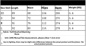 Size chart for women plaid midi skirt showing length waist and hip measurements in cm