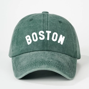 Vintage washed green BOSTON baseball cap with white embroidered letters and adjustable strap