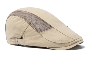 Detail of breathable mesh splicing and adjustable metal buckle on beige cotton flat cap