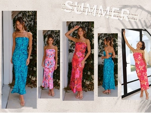 Collage détaillé de robes maxi bustier aux motifs floraux tropicaux et couleurs vives