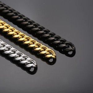 Detailed view of 10mm thick Cuban link chains in gold, black, and silver stainless steel