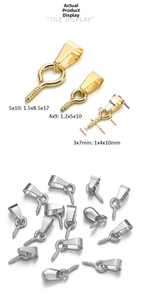 Macro detail of stainless steel eyelet screws and pinch bails in gold and silver finishes