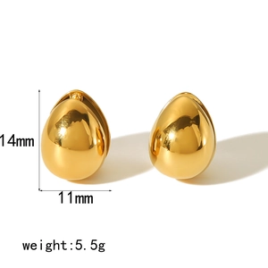 Polished gold stainless steel teardrop earrings measuring 14mm x 11mm on white background