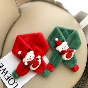 Écharpe en Peluche de Noël Pour Enfants Tour de Cou Chaud Doux Décor Cerf Ours Dessin Animé Écharpe à Pompons Hiver